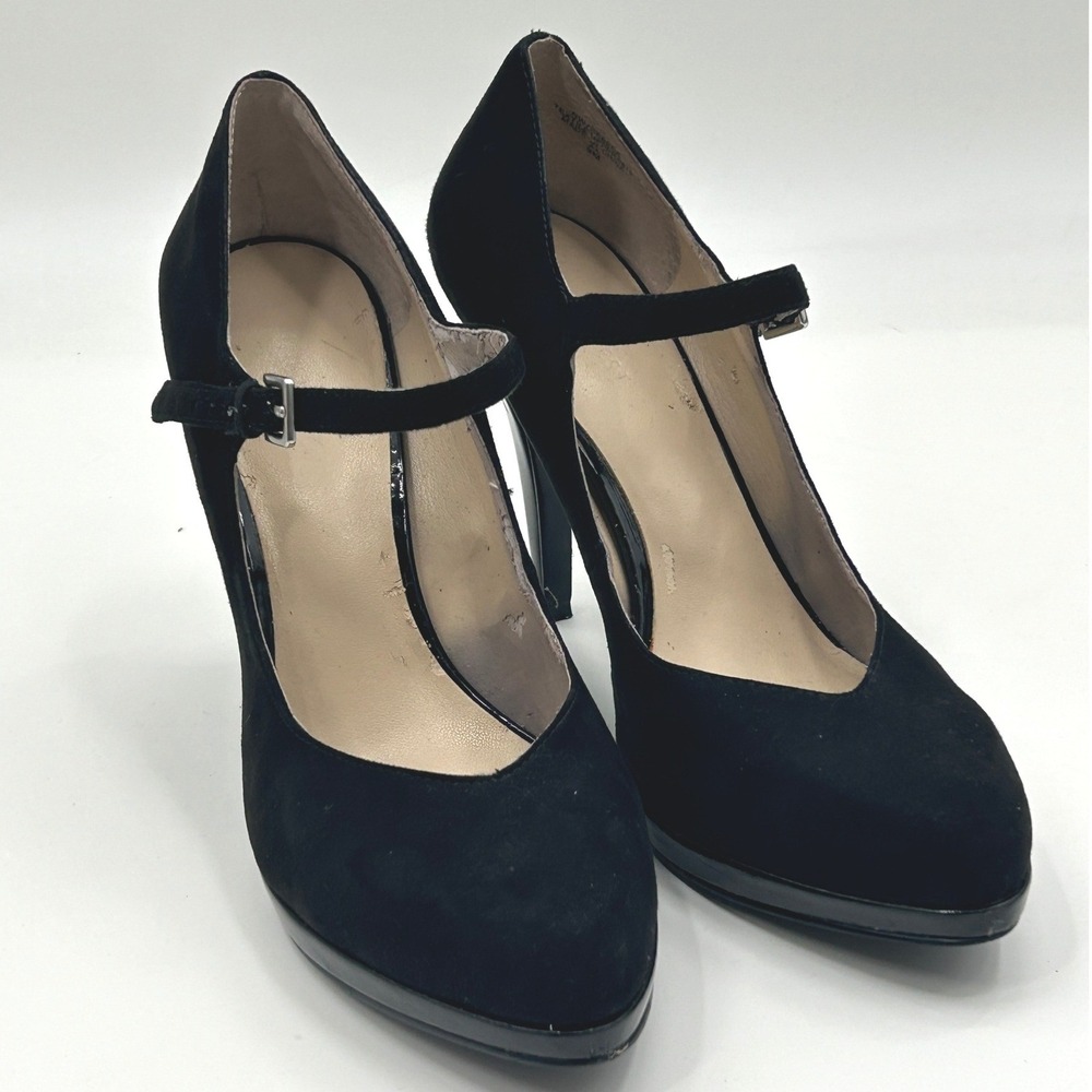 Black Faux Suede Mary Jane Platform Heels Round Toe Buckle Strap Pumps‎